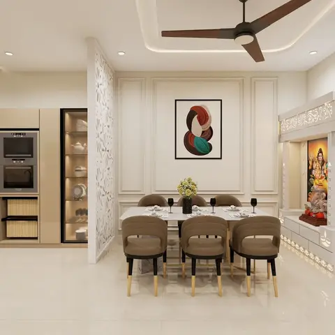 Render of a dining area sitting between an open kitchen and a white CNC-jaali pooja mandir: moulded panelling wall with one abstract canvas