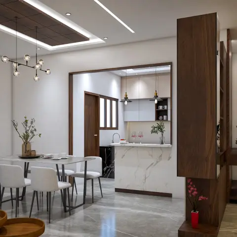 Render of a dining area under a walnut-clad cove-lit ceiling drop, with a six-seat marble-top table