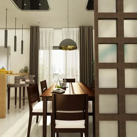 Render of a dining area with a wood-and-frosted-glass grid partition, a dome pendant light and sheer-curtained balcony doors.
