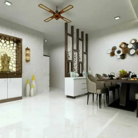 Render of a dining area with a dark wood six-seater and grey suede chairs, a metal disc-cluster wall sculpture behind it