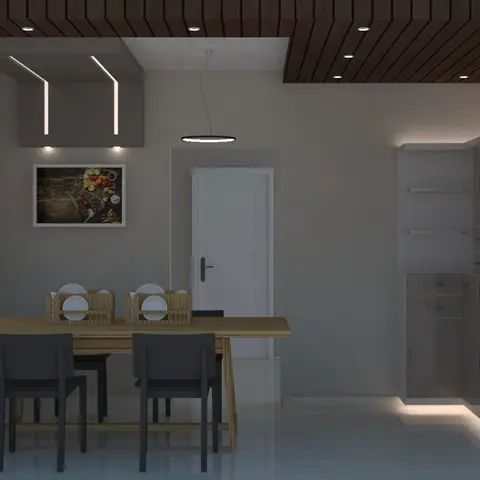 Render of a dining area with a wood slat ceiling, a round disc pendant light over a wood dining table with dark chairs, a framed food photograph on the wall