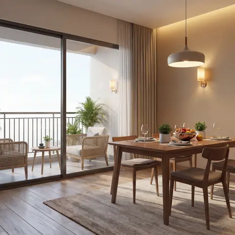 Render of a dining area with a wood table set for four beneath a ceramic dome pendant light