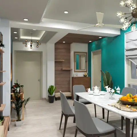 Render of a dining area with a marble-top table for six under a brass sputnik chandelier against a teal accent wall