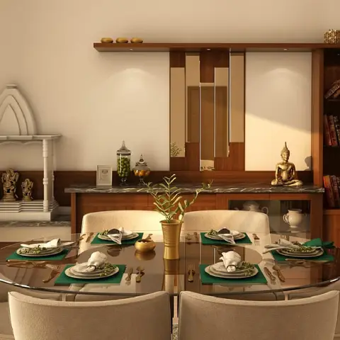 Render of a dining area with a round glass-top table set for six, a wood crockery unit with mirrored sliding shutters