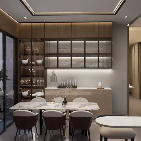 Render of a dining area with fluted wood panelling, a backlit glass-front crockery display and a marble-top dining table with dark upholstered chairs.