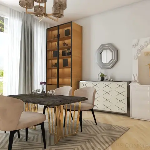 Render of a dining area with a green marble-top table on gold hairpin legs, blush upholstered chairs, a tall wood display cabinet