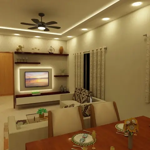 Render of a dining area with a wood table set for a meal, opening into a living space with a wall-mounted TV on a floating console beneath a patterned
