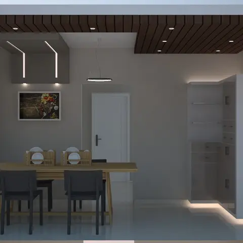 Render of a dining area with a wood-slat ceiling canopy, a ring pendant light over a table for four, and a glass-front crockery unit against the far wall.