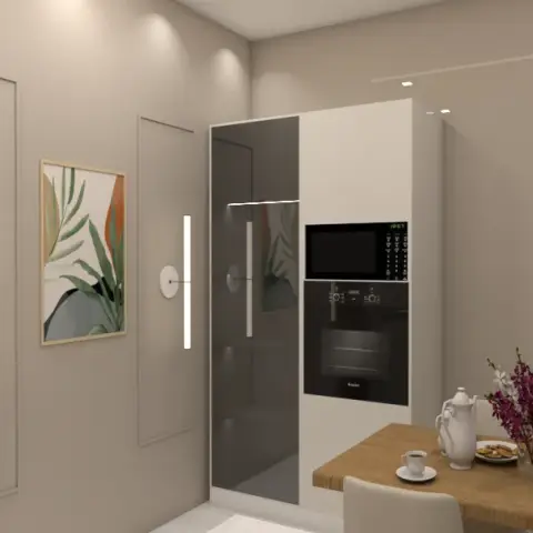 Render of a dining corner where a tall unit with a high-gloss grey shutter houses a stacked microwave and oven, facing a light oak table laid with cups