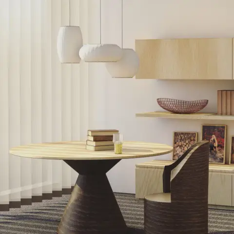 Render of a dining corner with a round pale-oak table on a dark conical pedestal, a drum-back sculptural chair