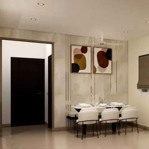 Render of a dining nook against a textured gold wallpaper feature wall inset with thin vertical brass strip lines and a pair of abstract art prints
