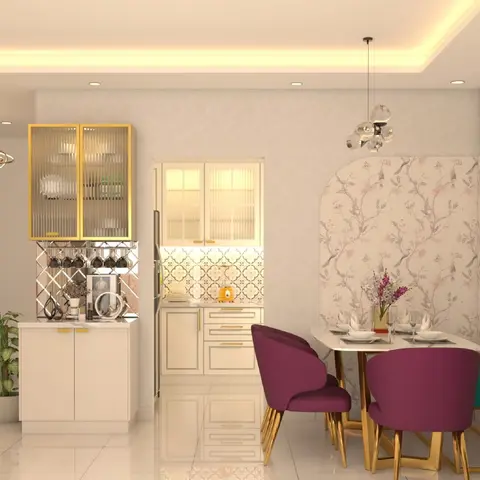Render of a dining nook beside a glass-front gold-trimmed crockery unit, with magenta velvet dining chairs and a teal bench on brass legs