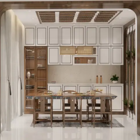 Render of a dining nook framed inside a curved walnut arch, a six-seat wooden table with cane-back chairs set against a full wall of white shaker-profile