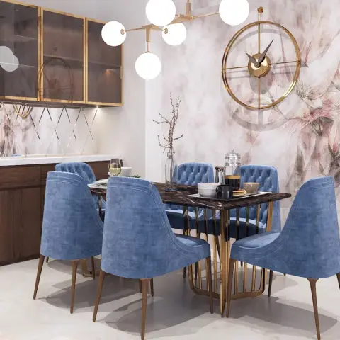 Render of a dining nook where six blue velvet chairs ring a dark marble table on a brass rod base, under a sputnik globe pendant against a blush floral mural.