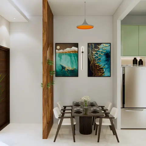 Render of a dining nook with a dark wood table set for four beneath an orange pendant light