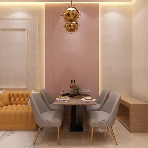 Render of a dining nook with a blush-pink panelled wall, a double brass globe pendant light over a marble-top table with grey chairs