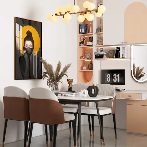 Render of a dining nook with a round marble-top table, terracotta and cream chairs, a globe chandelier