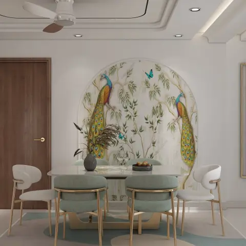 Render of a dining nook with an arched peacock-and-foliage mural wallpaper backdrop, a marble-top table, and sage-green upholstered chairs with gold legs.