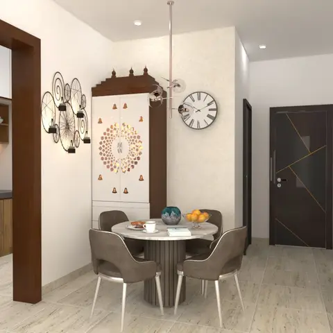 Render of a dining nook with a round marble-top table on a fluted pedestal base, cluster pendant lighting