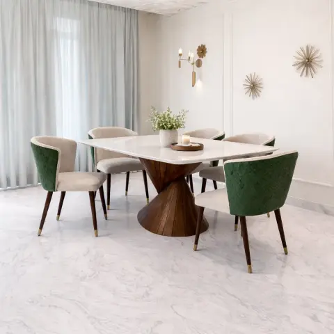 Render of a dining room built around a marble-topped table on a fluted walnut hourglass base