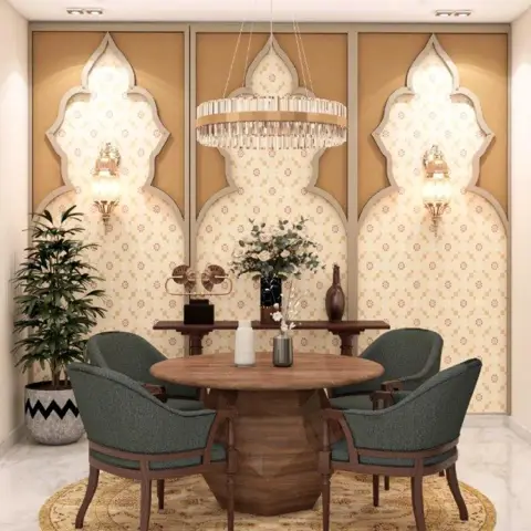 Render of a dining room set against three Mughal-arch wall panels in ochre and printed cream, with a round walnut pedestal table