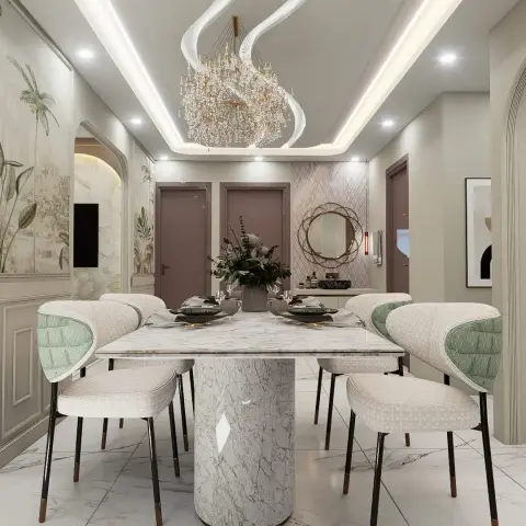 Render of a dining room under sculpted white POP ribbons and a crystal chandelier, with a marble pedestal table