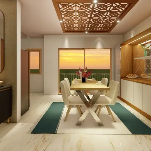 Render of a dining room under a CNC-cut wooden jaali ceiling panel, with a four-seater table on a teal rug