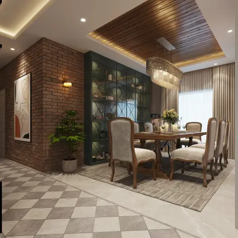 Render of a dining room where an exposed-brick corner wall meets a bottle-green diamond-lattice glass crockery unit
