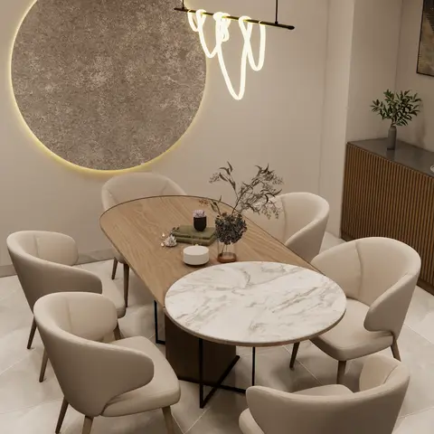 Render of a dining room where a large backlit circle of rough grey stone floats on the wall above an oval table that is half oak veneer and half white marble