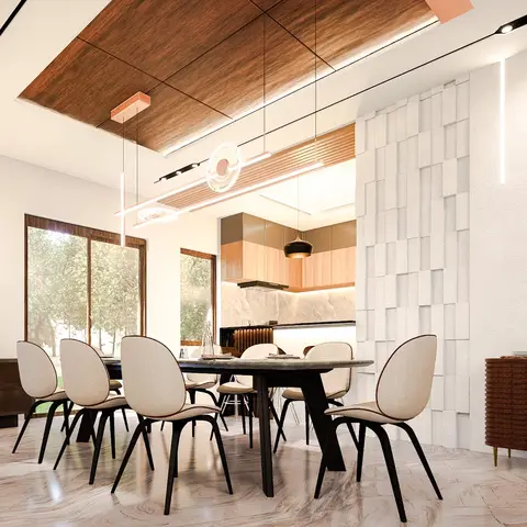 Render of a dining room with an 8-seat oval marble-top table under a wood ceiling drop with linear pendant lighting