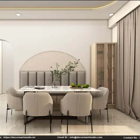 Render of a dining room with a marble-top table, cream upholstered chairs, and an arched channel-tufted wall panel behind, flanked by a glass display cabinet.