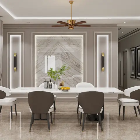 Render of a dining room with a marble-top table seating six, a backlit marble-clad wall niche, brass wall sconces framing it