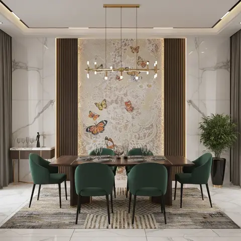 Render of a dining room with a wood table and emerald upholstered chairs beneath a brass chandelier