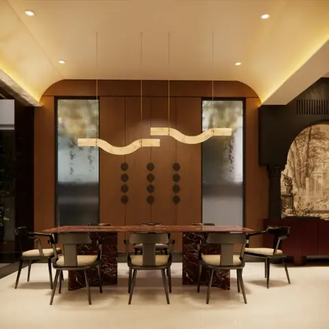 Render of a dining room with a wavy alabaster-look linear pendant over an oxblood marble table, walnut plank panelling flanked by tall reeded-glass panels