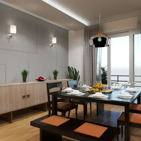 Render of a dining room with a grey panelled wall inlaid with copper reveal lines and paired sconces
