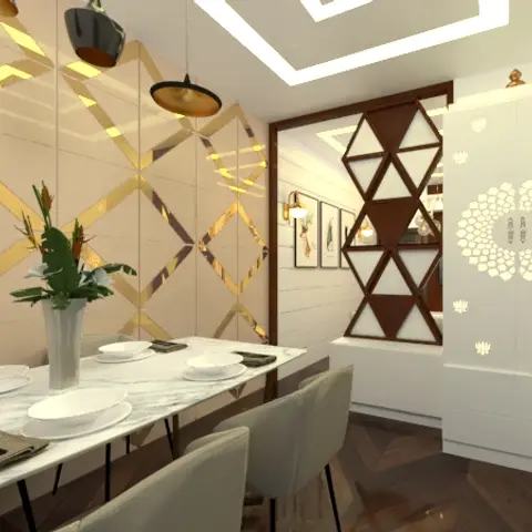 Render of a dining room with a gold diamond-pattern mirror accent wall, geometric cove-lit ceiling, and a marble dining table set for four