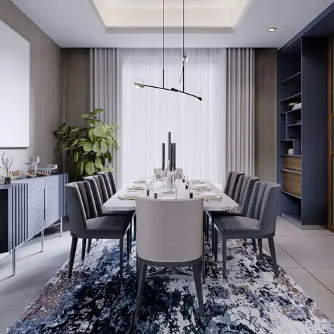 Render of a dining room with a marble-top table seating eight, a sculptural linear pendant light, fluted wood wall panelling