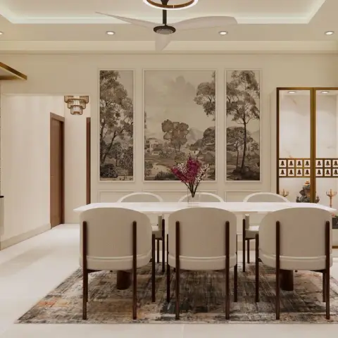 Render of a dining room with a marble-top table under a ring-light ceiling fan, a triptych of tree-landscape wall art in moulded panels