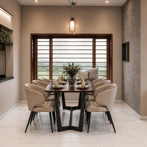 Render of a dining room with a walnut oval table set for eight beneath a single pendant light, a wood-louvred picture window overlooking greenery