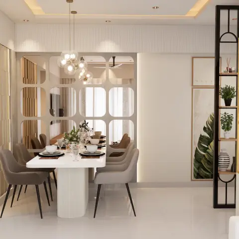 Render of a dining space where an oval white ribbed-pedestal table and six taupe chairs sit under a brass bubble-glass chandelier against a wall of