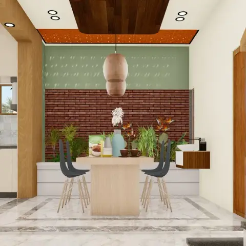 Render of a dining spot backed by an exposed red-brick wall with a planted trough at its base