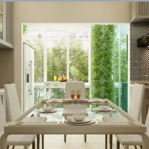 Render of a dining table set for a meal between two symmetrical kitchen runs with bold black-and-white diamond-pattern tile backsplash and a full-height window