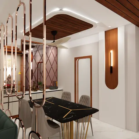 Render of a dining zone screened from the pooja niche by a row of rose-gold oval loops