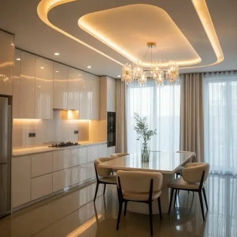 Render of a dining zone under a double-layer teardrop POP ceiling glowing with concealed cove light