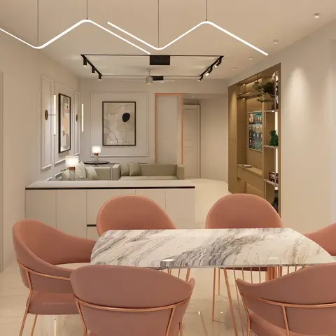Render of a dining zone with a grey-veined marble table and six blush upholstered chairs on copper legs under a zig-zag linear light