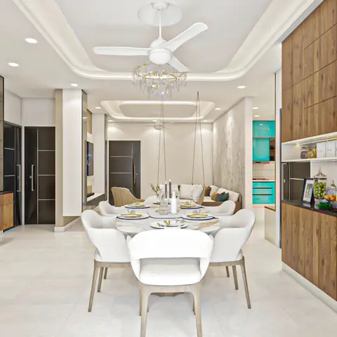 Render of a dining zone with an oval marble-top table and six white boucle tub chairs under a crystal chandelier hung inside a white ceiling fan