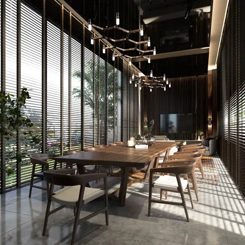 Render of a double-height dining hall where a live-edge walnut table for ten sits under twin brass molecular chandeliers against a full-height louvred glass