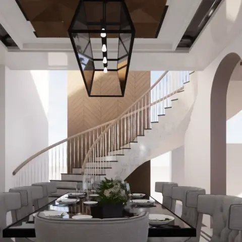 Render of a double-height dining area — glass-top table laid for six with grey buttoned chairs under an oversized black lantern pendant