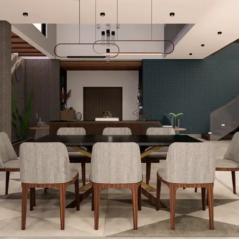 Render of a double-height dining area in an open-plan villa, with a black marble dining table seating eight, a walnut sideboard