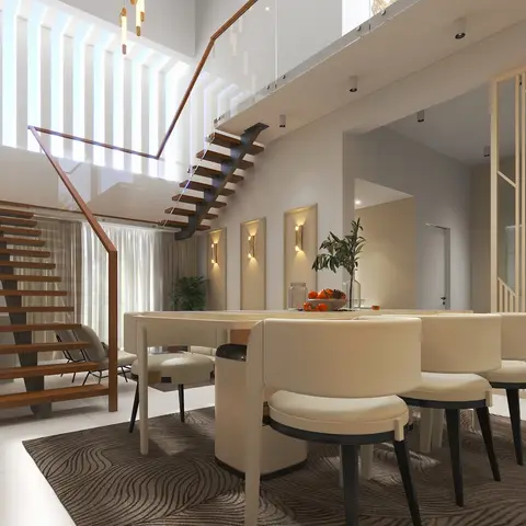 Render of a double-height dining area beneath an open-tread floating staircase, with a round dining table, sconce-lit accent wall